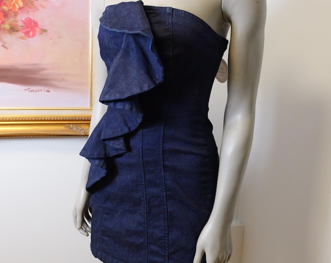 Y2K Guess Denim Mini Dress: Stretchy Tube Top Ruffle Dress