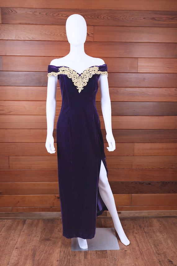 purple velvet off the shoulder dress Amarra 88682 Size 14 Purple Velvet Crystal Fringe Prom Dress
