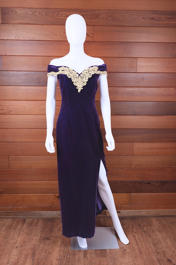 Vintage Purple Velvet Off Shoulder Evening Gown / 