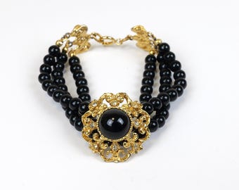 Vintage 80’s black and gold beaded three strand bracelet Glam princess Diana jewelry