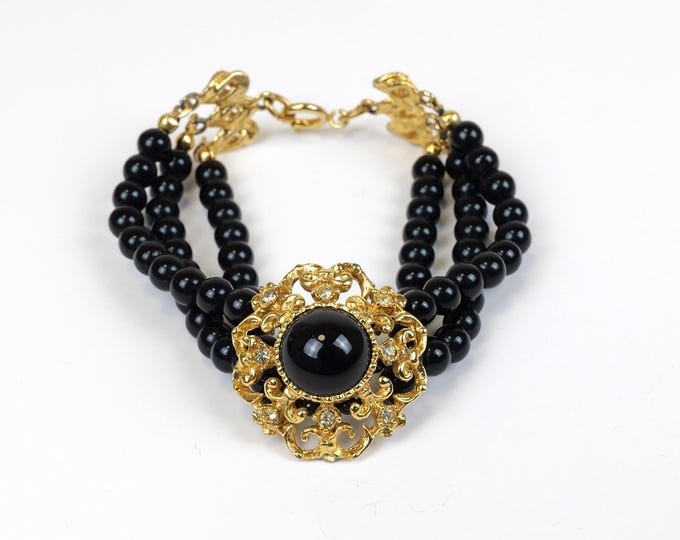 Vintage 80’s black and gold beaded three strand bracelet Glam princess Diana jewelry