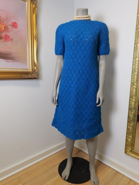 Hand Knit Blue Wool Dress: Vintage Short Sleeve Midi - Etsy Israel