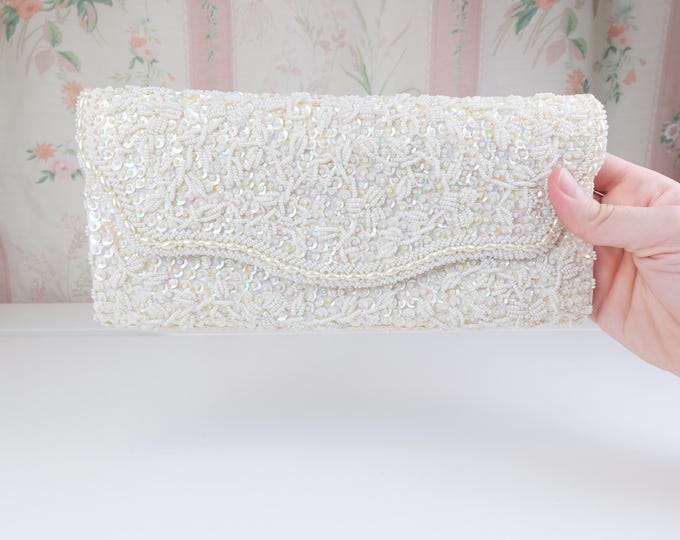 White beaded clutch evening bag for Bride / Formal white purse / Beaded vintage women’s evening bag / Gala / Prom / Eveny accessories