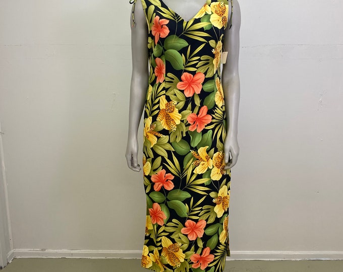 1990’s Tropical Print Maxi Dress / Casual Sleeveless Dress For Vacation And Cruising / Resort Wear / Bright Dress With Tie Shoulders / 90s