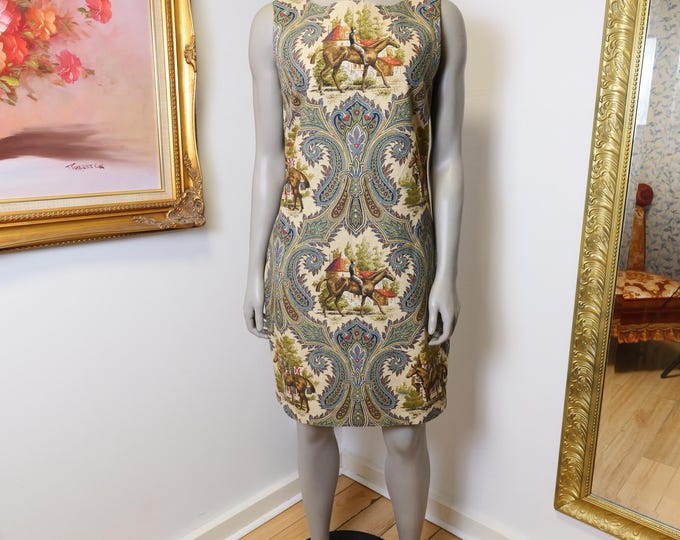 Vintage Equestrian Horse Print Dress: Toile Shift Dress, Size 8