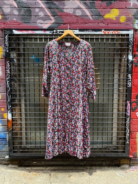 90's Grunge Dark Floral Button Front Dress
