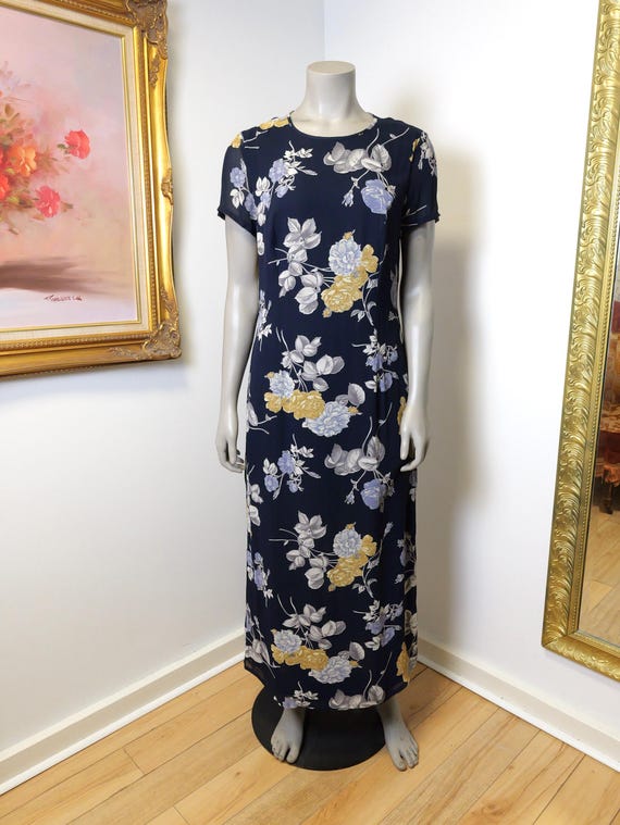 Vintage womens 1990s Navy Blue Floral Laura Ashley Dress With Sheer Overlay Size 6 Vintage womens 1990s Navy Blue Floral Laura Ashley Dress With Sheer Overlay Size 6