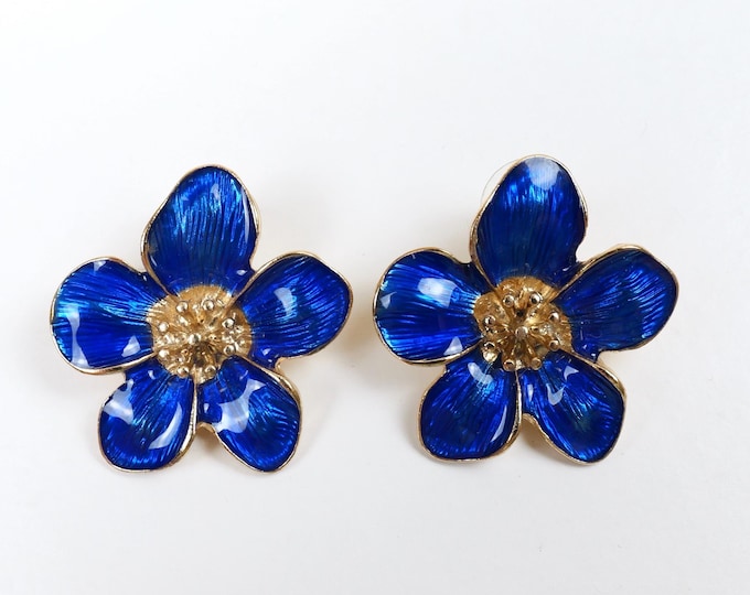 Blue enamel and gold orchid flower stud women’s earrings / Pretty Earrings / Vintage Flower Earrings / Statement Earrings