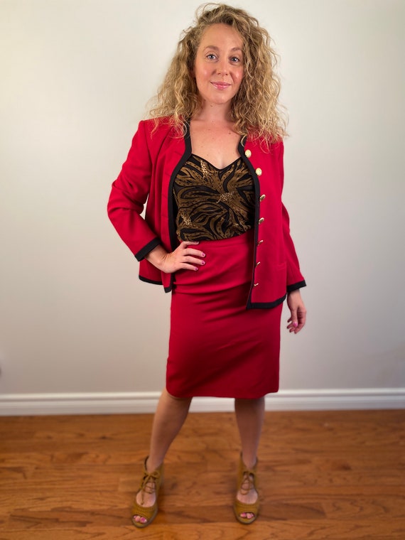 90's Red Skirt Suit, Womens Vintage Suit, Wool Sui