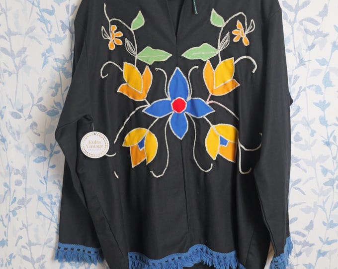 Vintage embroidered tunic with fringe trim / Large heavy colorful embroidered Top / Vintage Blouse / Unique Vintage clothing