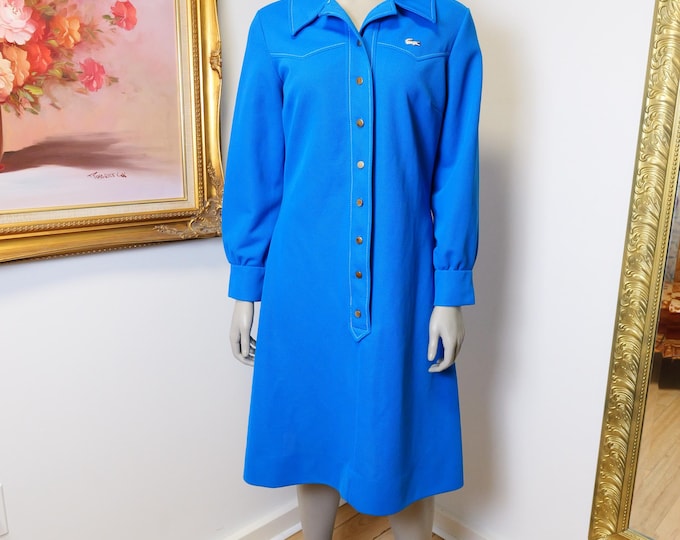Vintage women's 1970's Lacoste blue dress / Western style casual dress for Fall and Winter