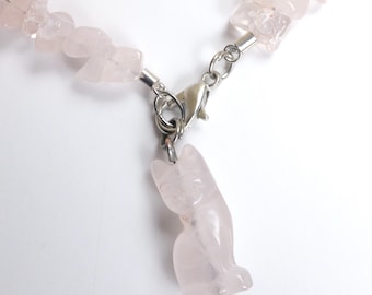 Genuine Rose Quartz Hand Carved Cat Charm Bracelet / Vintage Stone Bracelet / Cute Pink Jewelry For Summer Vacation / Gift For Her