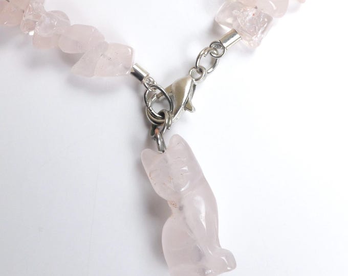 Genuine Rose Quartz Hand Carved Cat Charm Bracelet / Vintage Stone Bracelet / Cute Pink Jewelry For Summer Vacation / Gift For Her