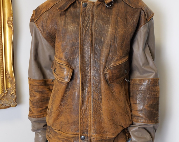 Men's vintage brown leather bomber jacket