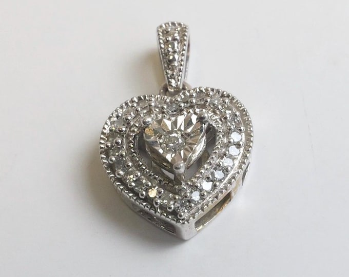 Sterling silver and diamonds vintage heart shaped necklace pendant / Heart Pendant / Gift for her / Gift for friend / Gift foe girlfriend