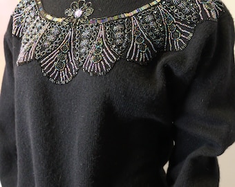 Vintage Beaded Collar Black Sweater: Wool Mohair Angora Blend