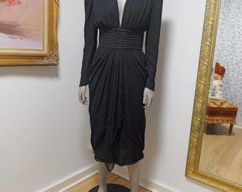Wayne Clark Vintage 80s Black Dress: Plunging Neckline, Size XS