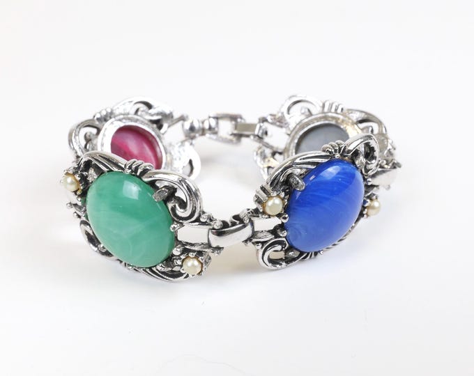 Vintage Florenza Style Cabochon Bracelet, Faux Pearl Wide Link