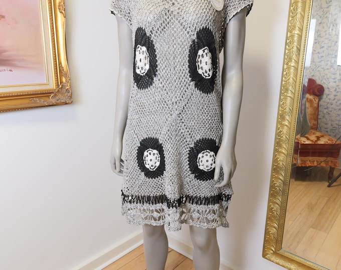 Unique Handmade Crochet Black And White Tunic Dress / Beach vacation Cover Up / Knit Mini Dress Size Small to Medium