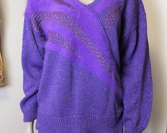 Franco Valeri Vintage Purple Angora 1980’s V Neck pull over sweater / Oversized casual Fall and Winter Knit Sweater / Cute date night Top