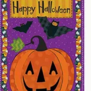 Happy halloween garden flag with smiling pumpkin and bats