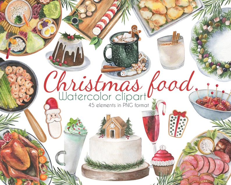 Christmas PNG,Digital Christmas Clipart Watercolor Christmas Food Clipart,Watercolor Christmas Dinner Clipart