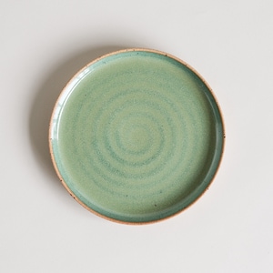 May include: A green ceramic plate with a swirl pattern and a brown rim.