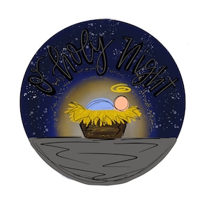 May include: A blue and gold Christmas ornament with the text "O Holy Night" and a depiction of baby Jesus in a manger.