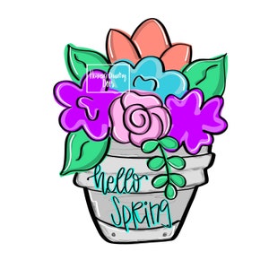 Puede incluir: Una maceta blanca pintada con un tallo y hojas verdes, y flores coloridas en tonos de rosa, morado, azul y naranja. La maceta tiene las palabras "hello spring" escritas en negro y turquesa.