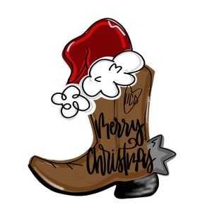 May include: A brown cowboy boot with a red and white Santa hat on top. The boot has the words "Merry Christmas" written on it.