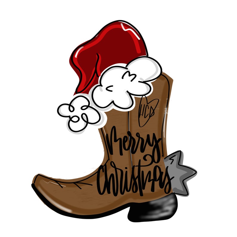 May include: A brown cowboy boot with a red and white Santa hat on top. The boot has the words "Merry Christmas" written on it.