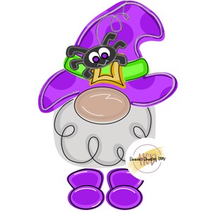May include: A purple gnome with a purple and green hat, a black spider on the hat, and a white beard. The gnome is wearing purple boots.