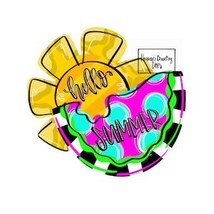 May include: A colorful graphic design with a yellow sun and the text "hello summer" in a black and white checkered background. The design also includes a pink and blue abstract shape with white polka dots.