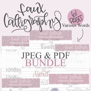 May include: A digital download bundle of 61 printable worksheets for practicing faux calligraphy. The worksheets feature various words and phrases, including "worthy", "thank you", "beach", and "sunflower". The worksheets are designed to help users improve their handwriting skills and create beautiful calligraphy.