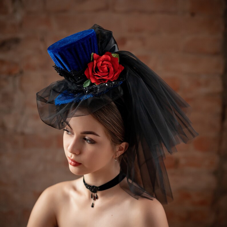 Halloween navy blue top hat fascinator Women mini top hat Etsy