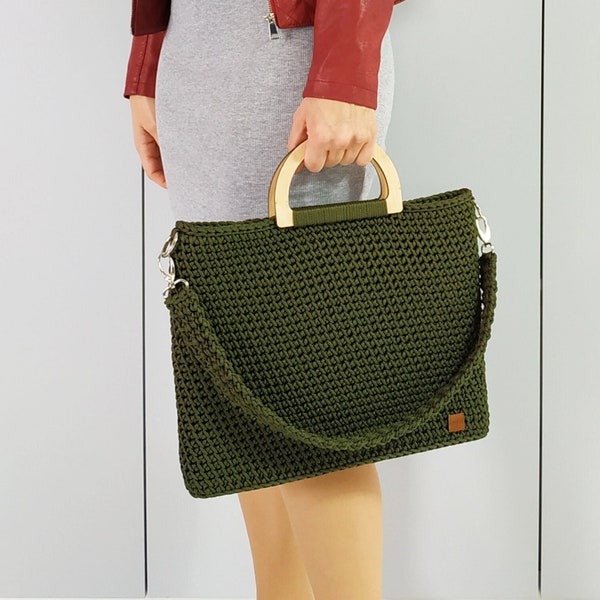 Laptop bag women, Crochet bag green, Shoulder bag