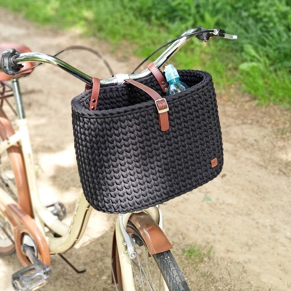 Handmade Crochet Bike Basket: Cotton Cord Organizer with Leather Straps