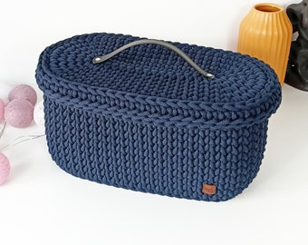 Oval rope basket, Storage basket with a lid, Crochet basket with cover