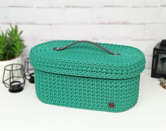 Oval rope basket, Storage basket with a lid, Crochet basket with cover