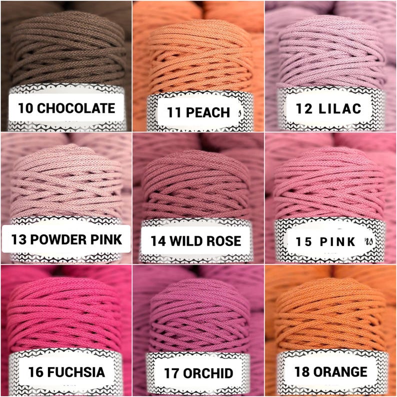 May include: A grid of nine spools of cord in various colors, each with a white label. The labels read: 10 Chocolate, 11 Peach, 12 Lilac, 13 Powder Pink, 14 Wild Rose, 15 Pink, 16 Fuchsia, 17 Orchid, and 18 Orange. Each spool is wrapped in cord.