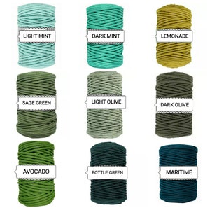 May include: Nine spools of cotton cord in various shades of green, blue, and yellow. The spools are labeled with the color names: Light Mint, Dark Mint, Lemonade, Sage Green, Light Olive, Dark Olive, Avocado, Bottle Green, and Maritime.