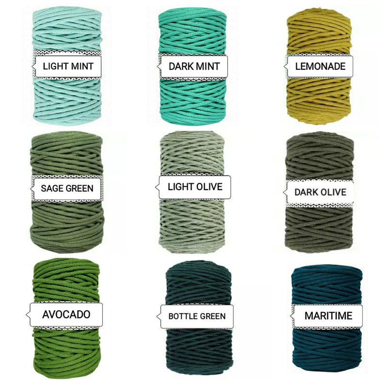 May include: Nine spools of cotton cord in various shades of green, blue, and yellow. The spools are labeled with the color names: Light Mint, Dark Mint, Lemonade, Sage Green, Light Olive, Dark Olive, Avocado, Bottle Green, and Maritime.