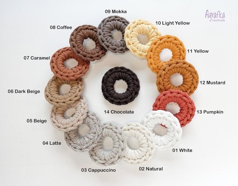 May include: A variety of crocheted rings in different colors, including white, natural, cappuccino, latte, beige, dark beige, caramel, coffee, mokka, light yellow, yellow, mustard, pumpkin, and chocolate.