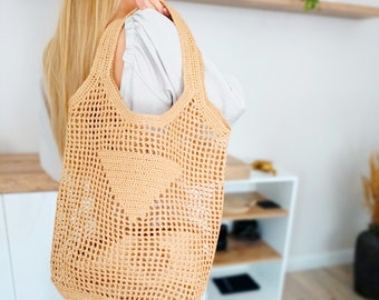 Beige raffia bag, crochet raffia bag, summer shoulder bag, straw bag, handmade bag, mesh shoulder bag - raffia bag