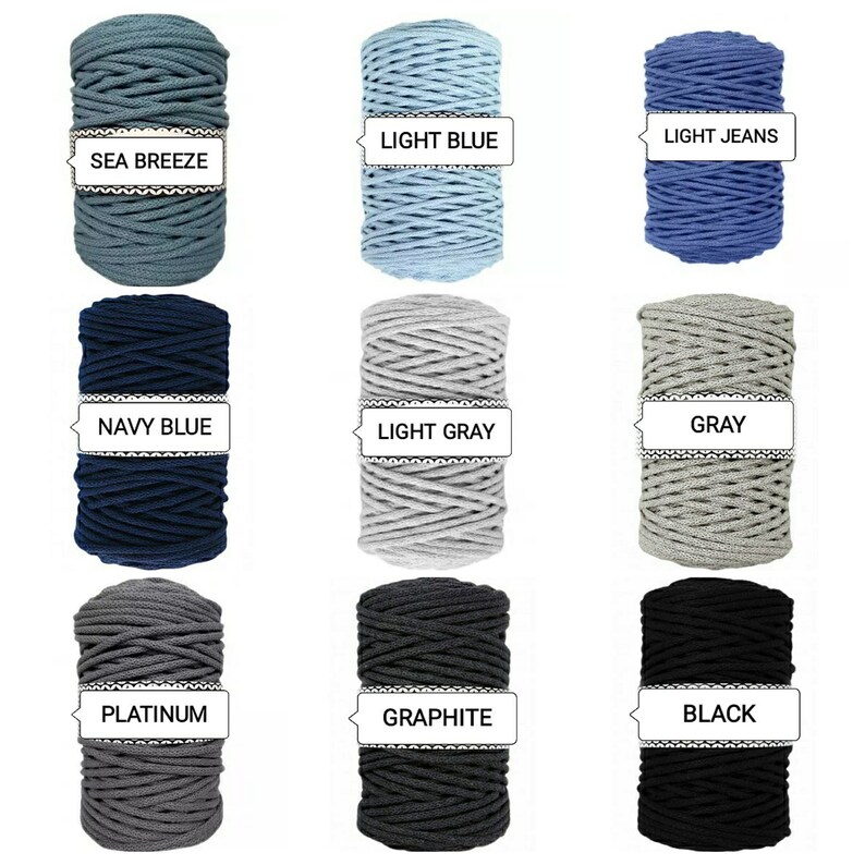 May include: Nine spools of cotton cord in various colors, including sea breeze, light blue, light jeans, navy blue, light gray, gray, platinum, graphite, and black.