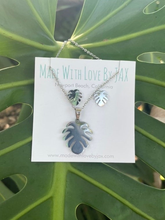 Monstera Earring and Necklace Set, Silver Color, Plant Jewelry, Monstera Plant Jewelry, Stainless Steel, Plant Lover Gift, Leaf Jewelry