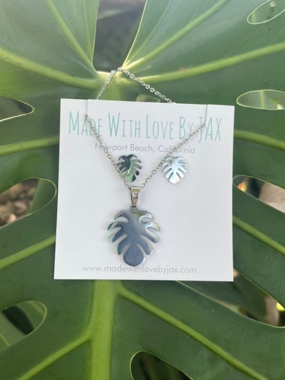 Monstera Earring and Necklace Set, Silver Color, Plant Jewelry, Monstera Plant Jewelry, Stainless Steel, Plant Lover Gift, Leaf Jewelry