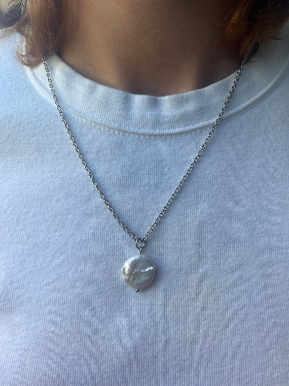 Pearl Necklace, White Necklace, 20’ Necklace, Silver Necklace, Natural Jewelry, Unique Pearl Necklace, Charm, Gift For Her, Stainless Steel