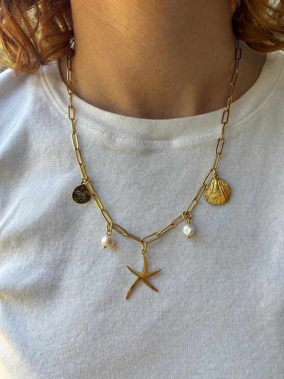 Multi Charm Necklace, Beachy, Pearl Necklace, 19’ Necklace, Gold Necklace, White Jewelry, Starfish, Charms, Gift For Her, Custom made