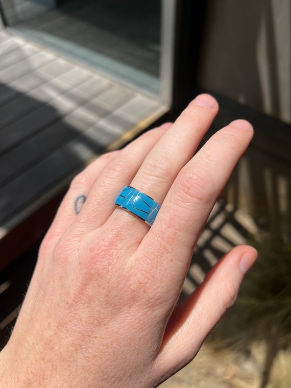Turquoise Enamel Silver Ring, Stainless Steel Ring, Turquoise Ring, Unique Ring